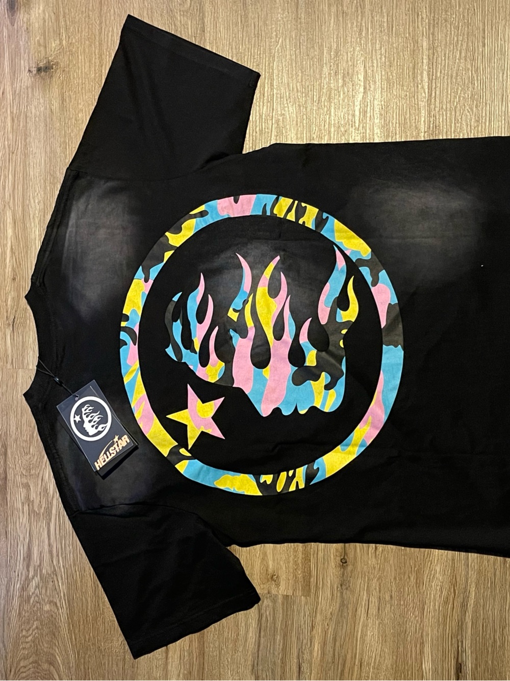 Hellstar Black Short-Sleeve Tee with Multicolor Flame Moon Graphic